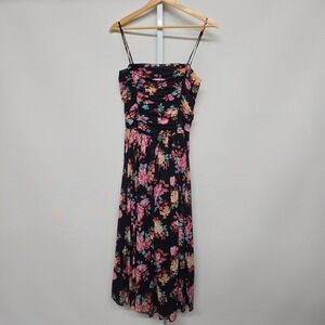 Laura Ashley Black Floral Ruched Strap Maxi Dress Made in Great Britain USA 10